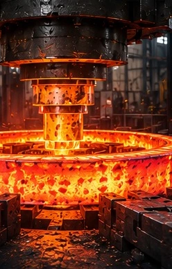 Glowing steel ring under an industrial forging press